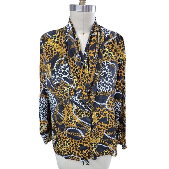 Vtg 80s Jordan Animal Print /Pearls Blouse Shoulder Pads Womens Sz M/L - Picture 1 of 6